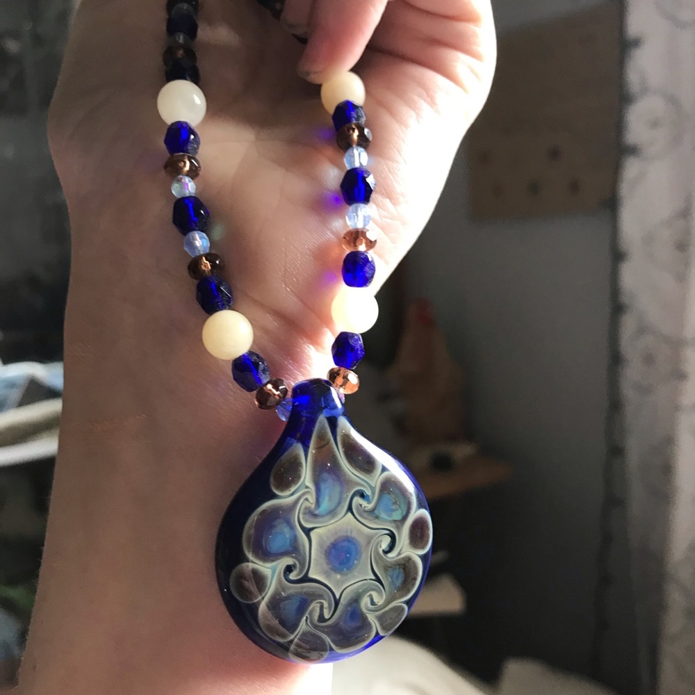 Handmade Blue Glass and Amethyst Necklace